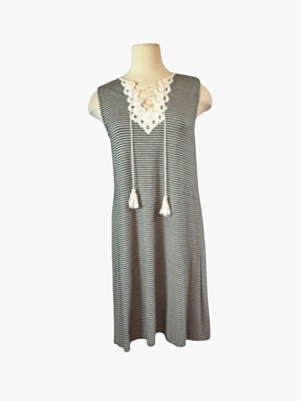 Mac Studio Sleeveless Striped Lace-Up Tassel Dress in Gray and White